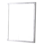 Rectangular mirror with white textured frame and reflective glass surface.