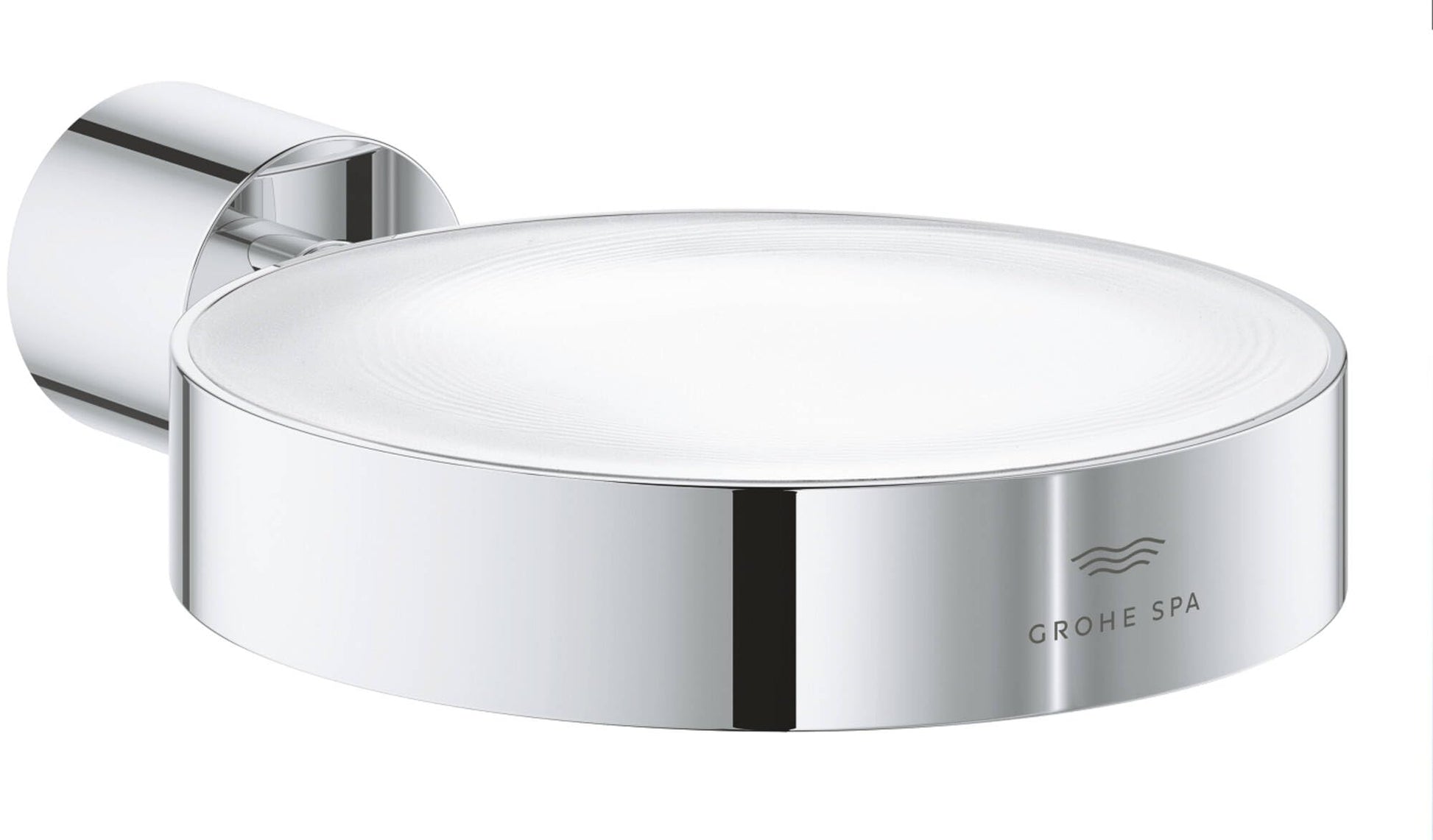 Chrome soap dish holder with cylindrical wall mount bracket and frosted glass insert.