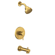 Brushed gold tub and shower trim kit with single handle control, showerhead, and spout.