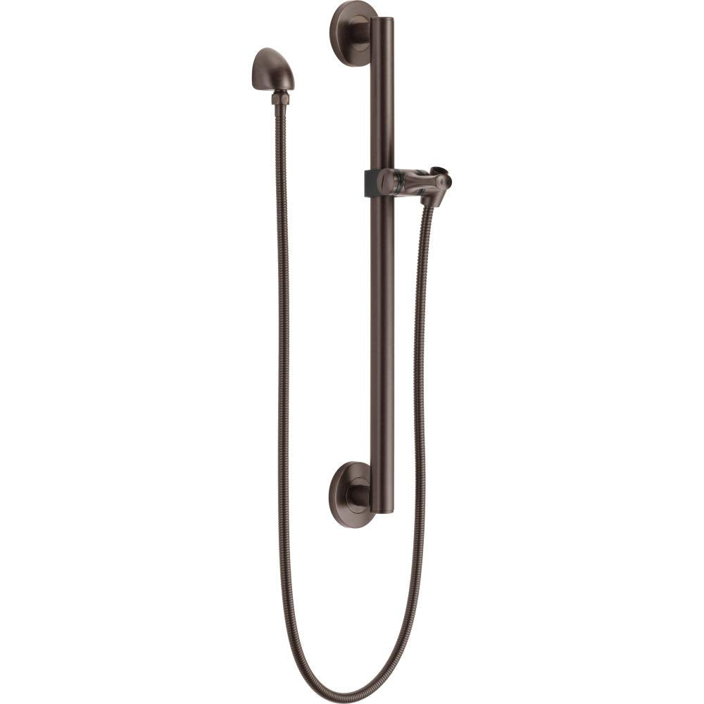 Bronze shower slide bar assembly with adjustable handshower, hose, and wall-mounted elbow connector.