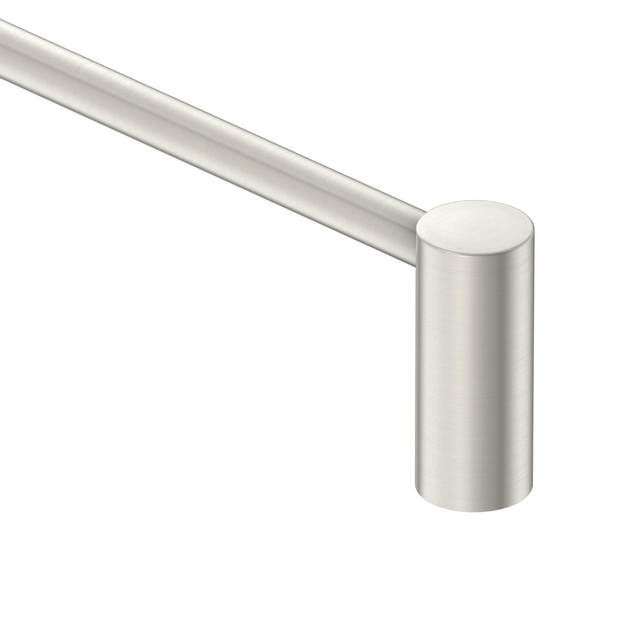 Brushed nickel wall-mounted towel bar with cylindrical end cap and horizontal rod extending left.