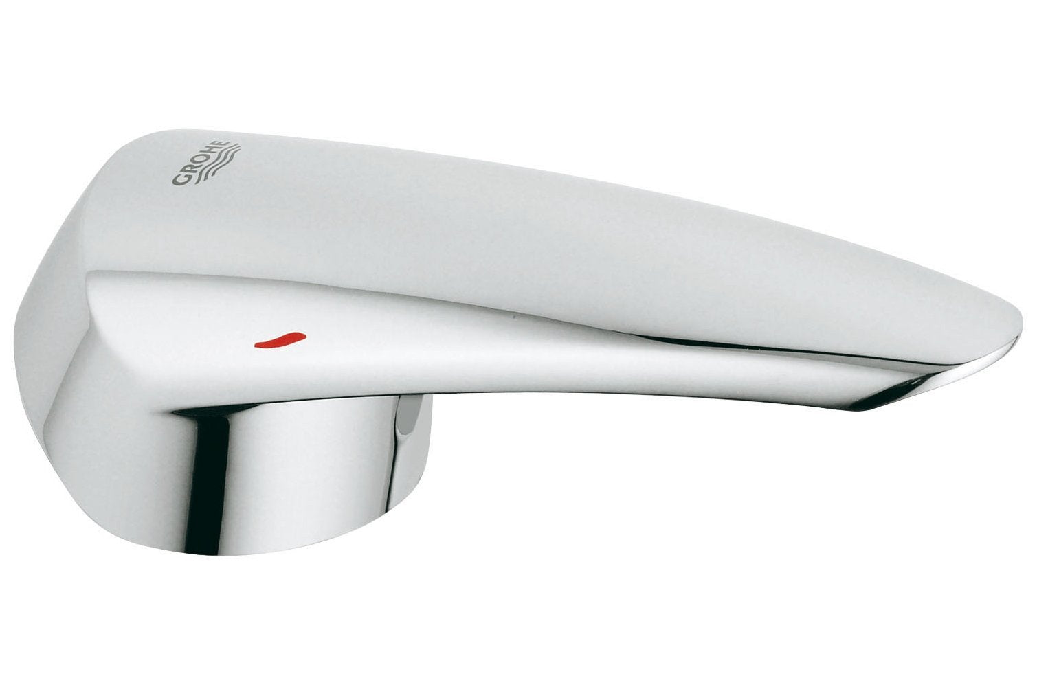 Chrome faucet lever with Grohe branding and red indicator dot on white handle.