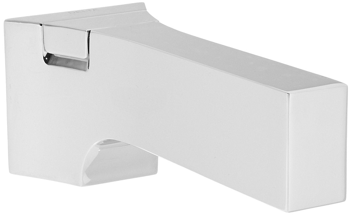 Chrome tub spout with pull-up diverter and curved outlet for water direction.