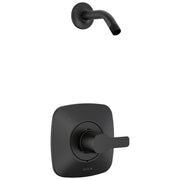 Black matte shower trim with curved wall-mounted escutcheon plate, lever handle, and angled arm outlet.