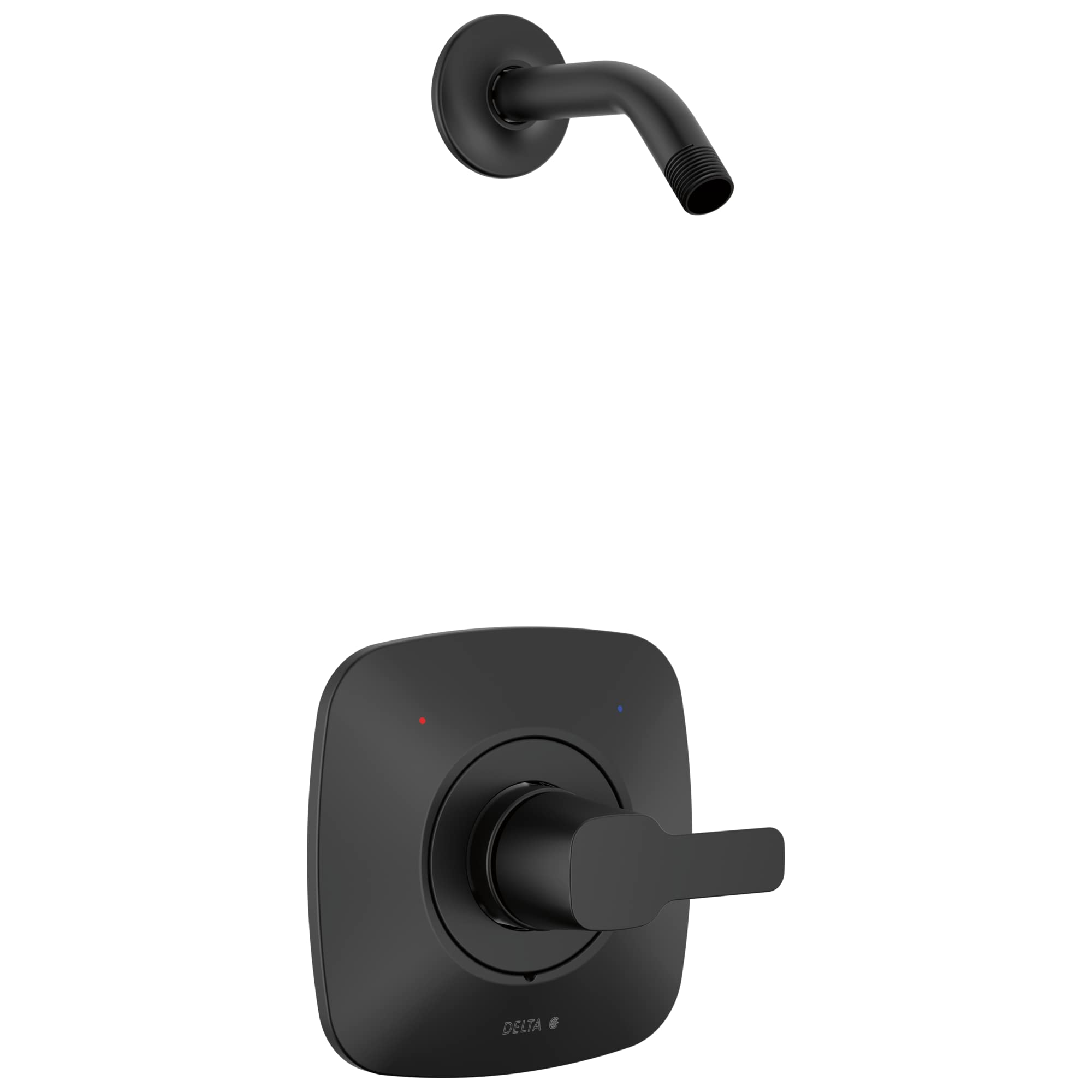 Black matte shower trim with curved wall-mounted escutcheon plate, lever handle, and angled arm outlet.