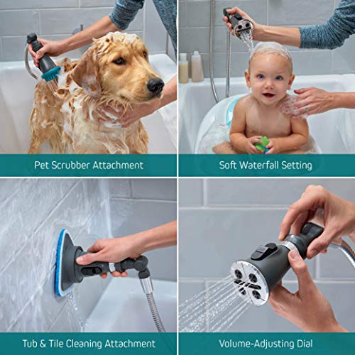 Chrome shower system with pet scrubber, soft waterfall, cleaning attachments, and adjustable volume dial.