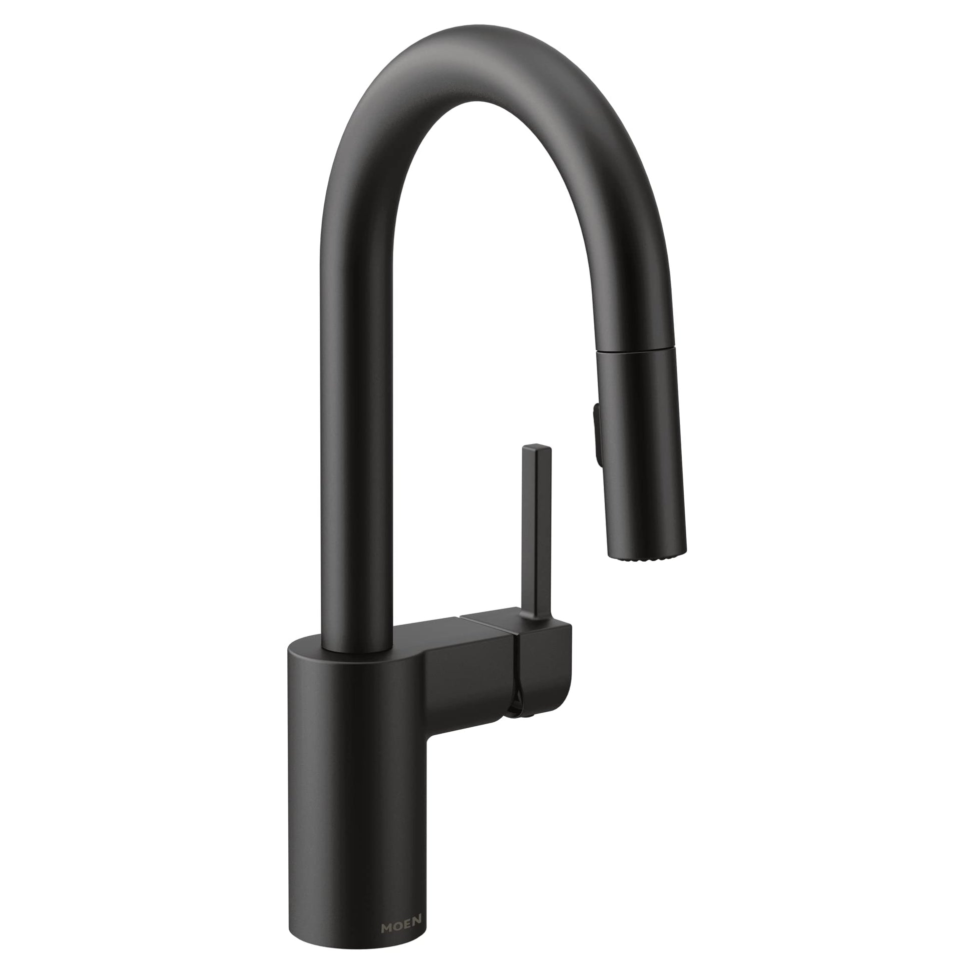 Matte black single-handle pulldown kitchen faucet with curved spout and docking sprayer.