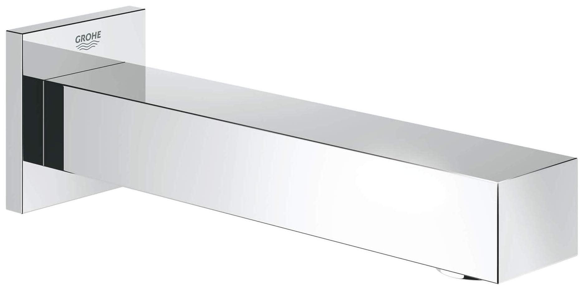 Grohe Eurocube matte black tub spout with chrome wall mount and rectangular spout extending horizontally.