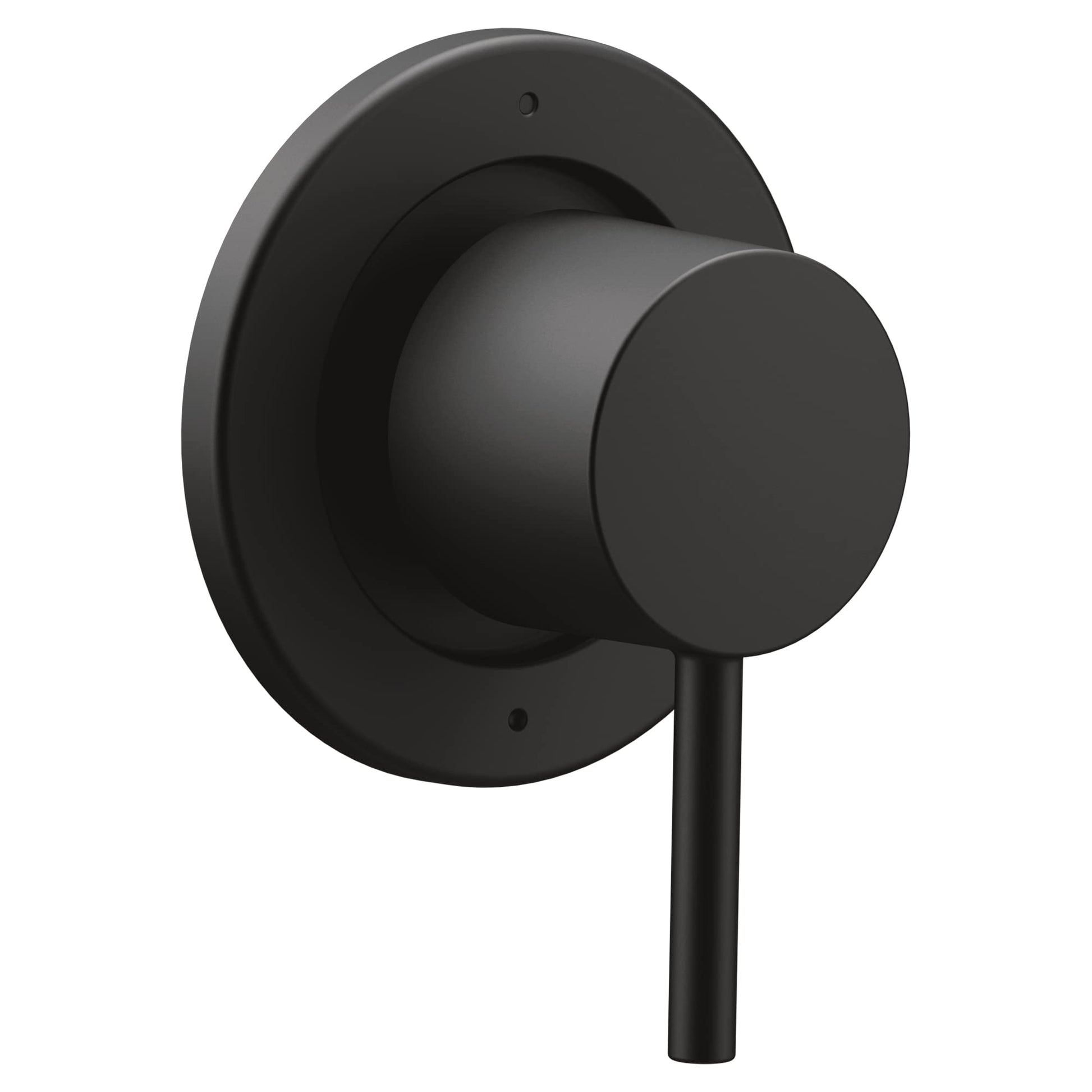 Matte black transfer valve trim with circular backplate and cylindrical lever handle.
