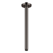 Dark graphite metal ceiling shower arm with circular flange and threaded connection point at bottom.