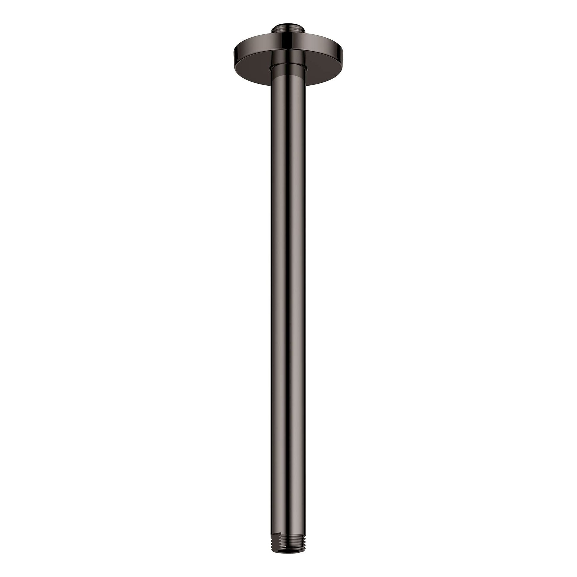 Dark graphite metal ceiling shower arm with circular flange and threaded connection point at bottom.