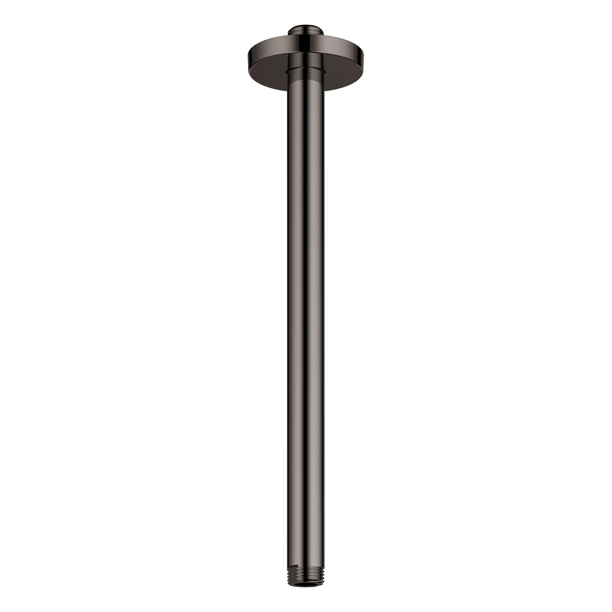 Dark graphite metal ceiling shower arm with circular flange and threaded connection point at bottom.