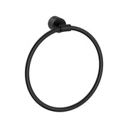 Matte black circular towel ring with cylindrical wall-mounted bracket.