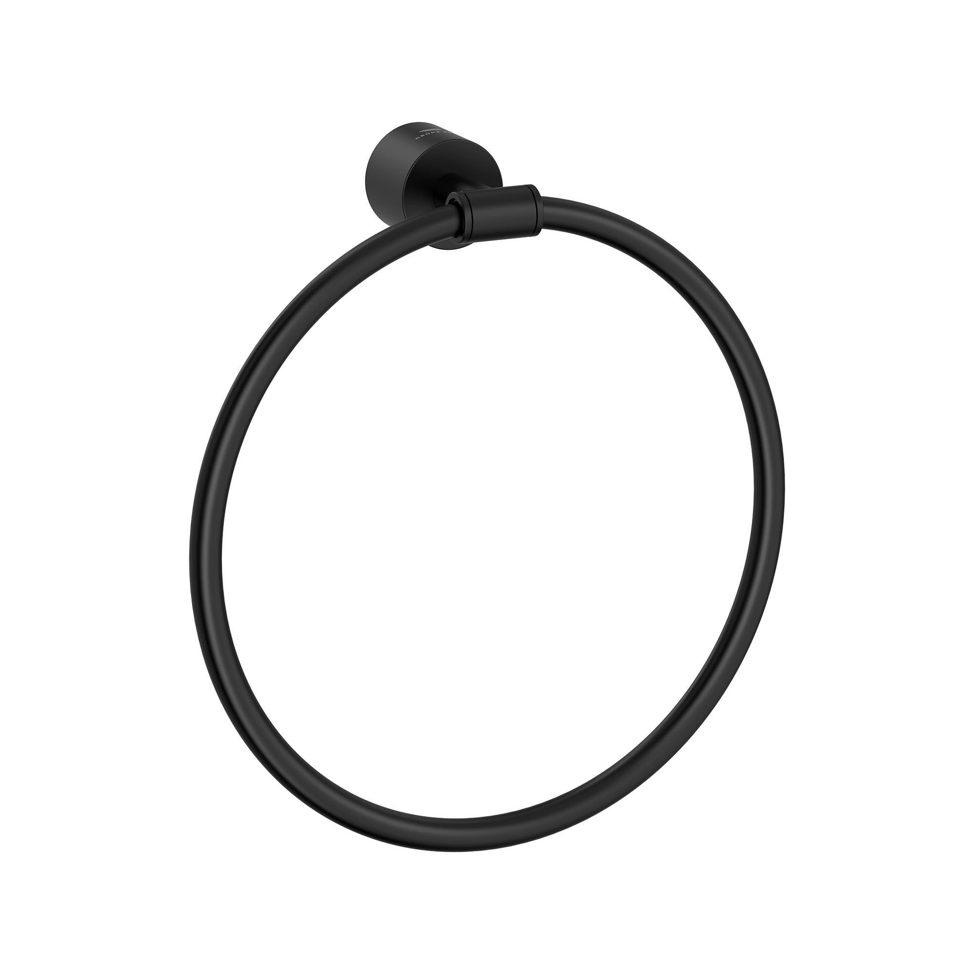 Matte black circular towel ring with cylindrical wall-mounted bracket.