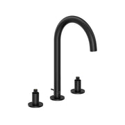 Matte black widespread bathroom faucet with curved spout and two round handles on circular bases.