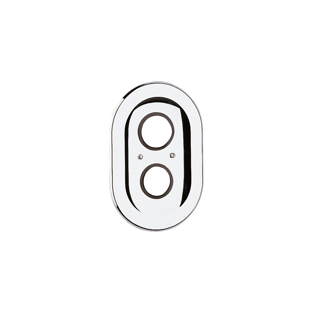 Oval chrome escutcheon with two circular openings and mounting holes.