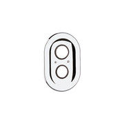 Oval chrome escutcheon with two circular openings and mounting holes.