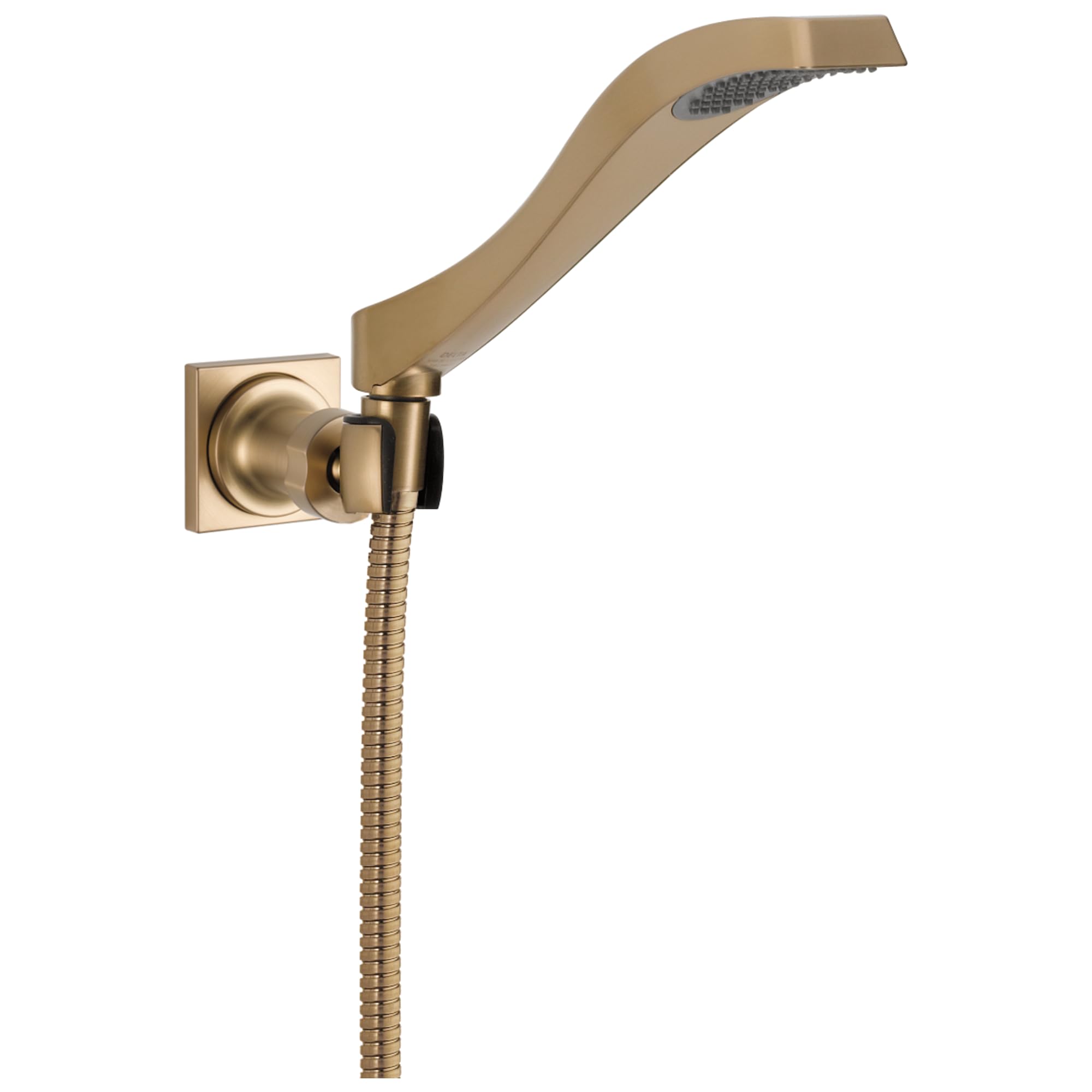 Brushed gold curved hand shower with wall mount bracket and flexible hose connection.