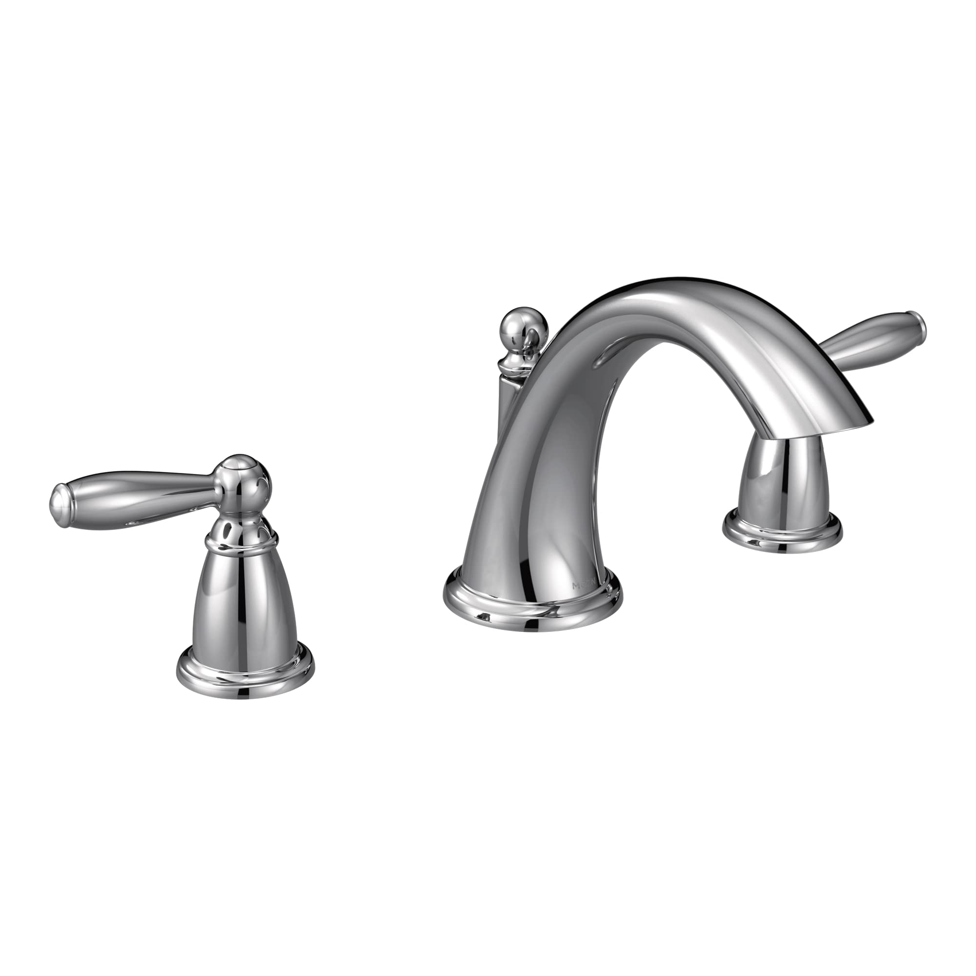 Chrome two-handle deck mount roman tub faucet with curved center spout and lever handles.