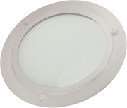 Round recessed shower light with polished chrome trim and frosted glass lens.