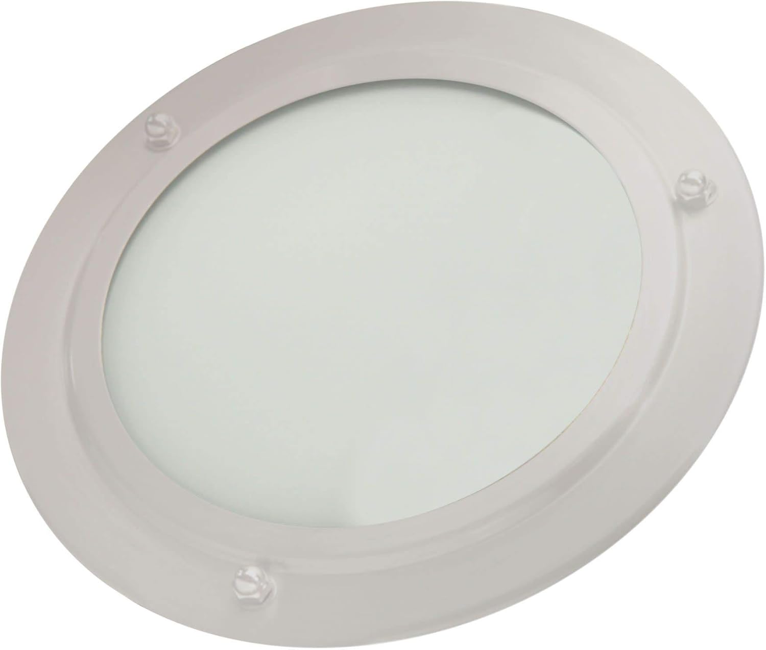 Round recessed shower light with polished chrome trim and frosted glass lens.
