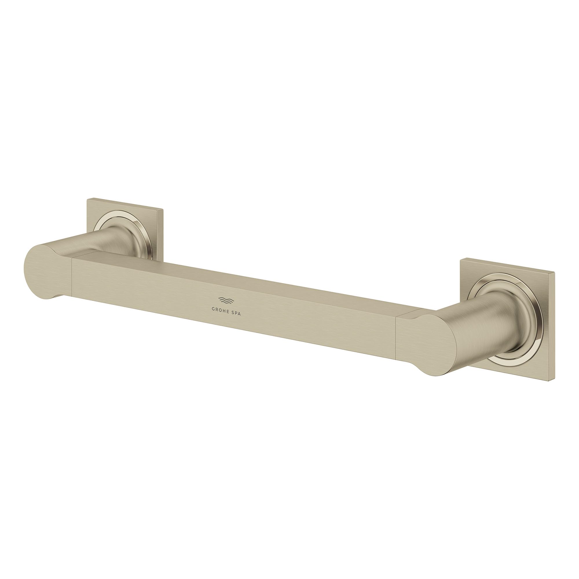 Brushed champagne metal grab bar with square mounting flanges on each end, approximately 12 inches long.