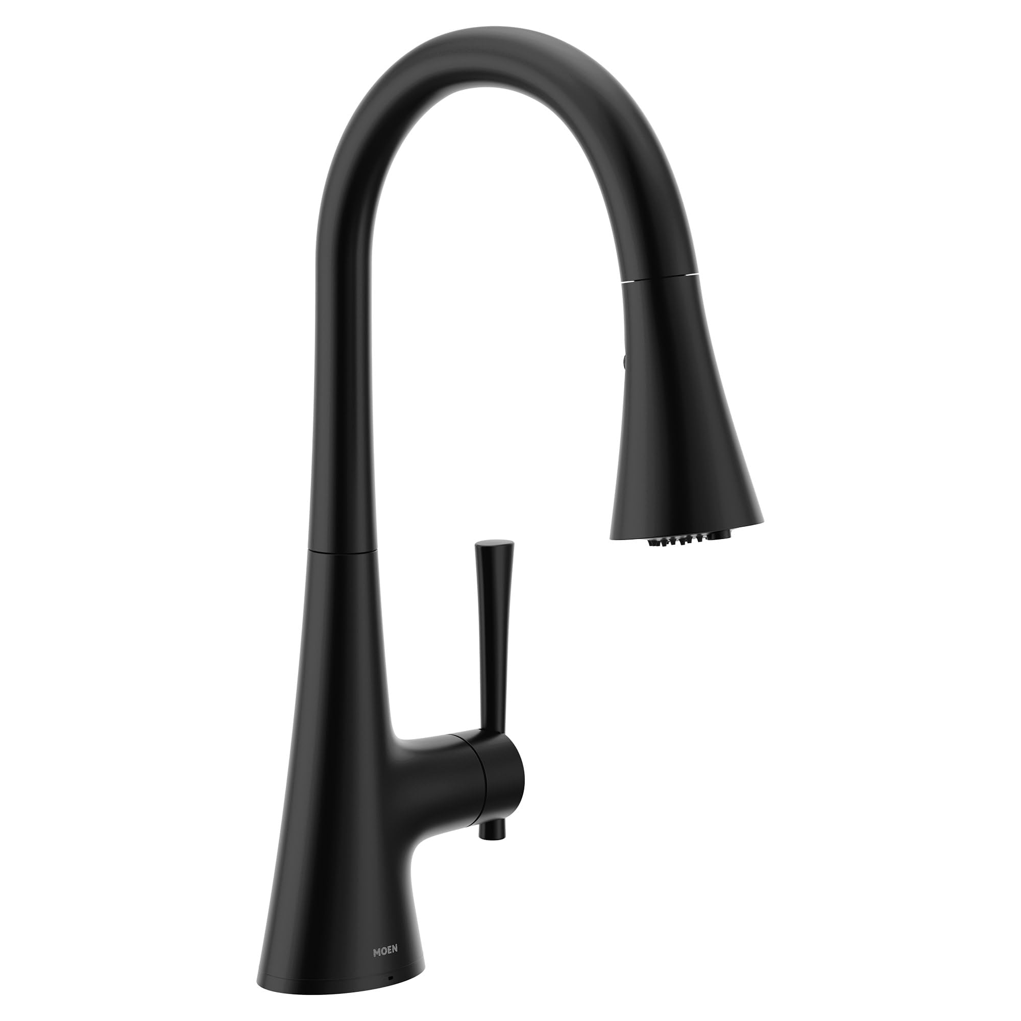 Matte black pull-down kitchen faucet with curved spout and single handle control.