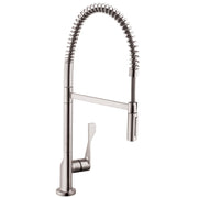 Steel semi-pro kitchen faucet with coiled pull-down spray hose and single lever handle in brushed finish.