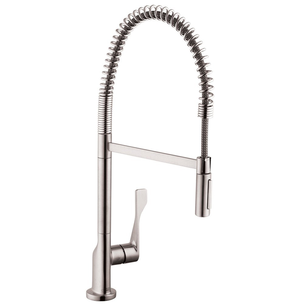 Steel semi-pro kitchen faucet with coiled pull-down spray hose and single lever handle in brushed finish.