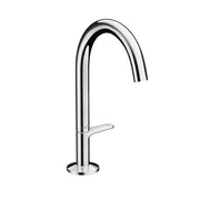 Chrome single-hole bathroom faucet with curved spout and lever handle.
