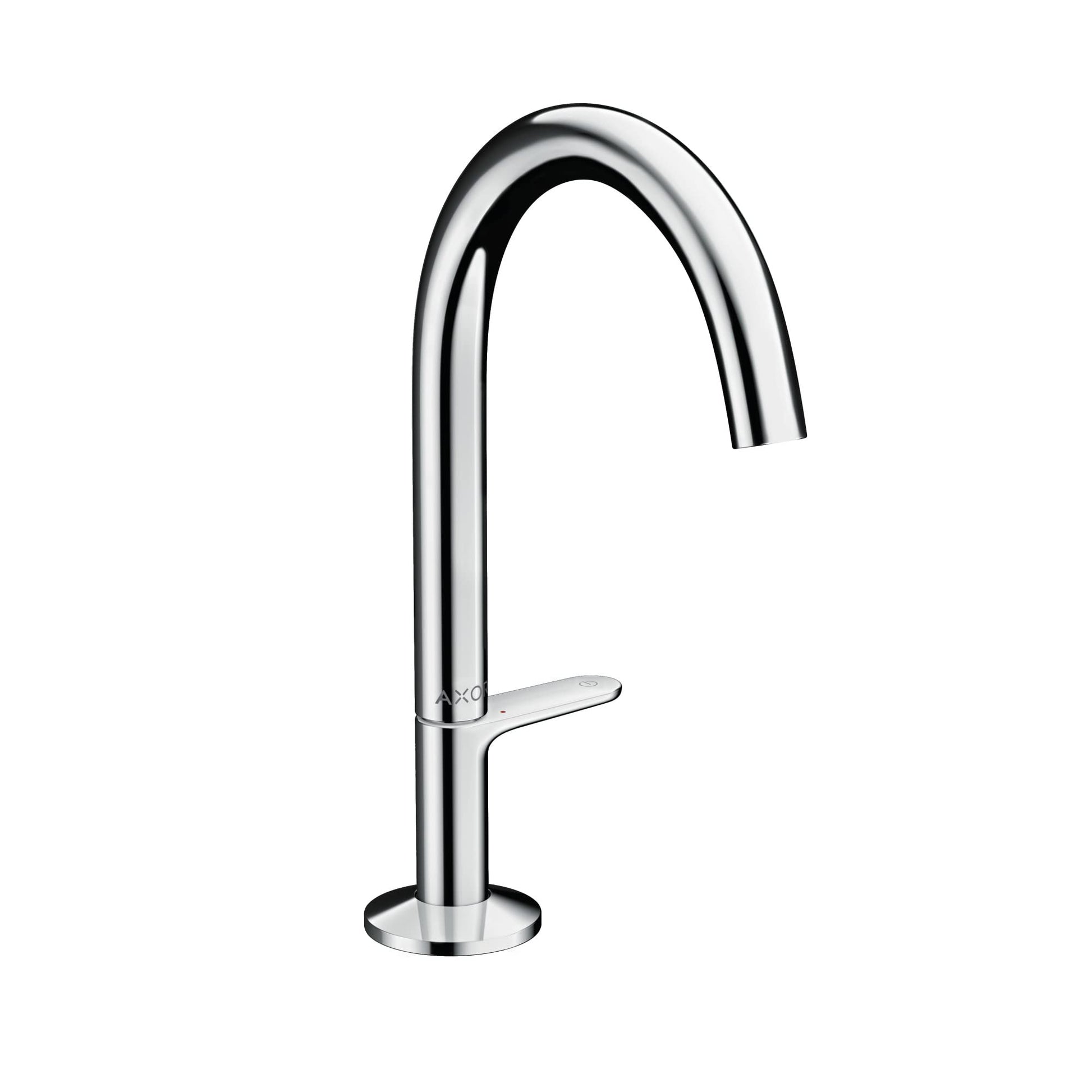 Chrome single-hole bathroom faucet with curved spout and lever handle.