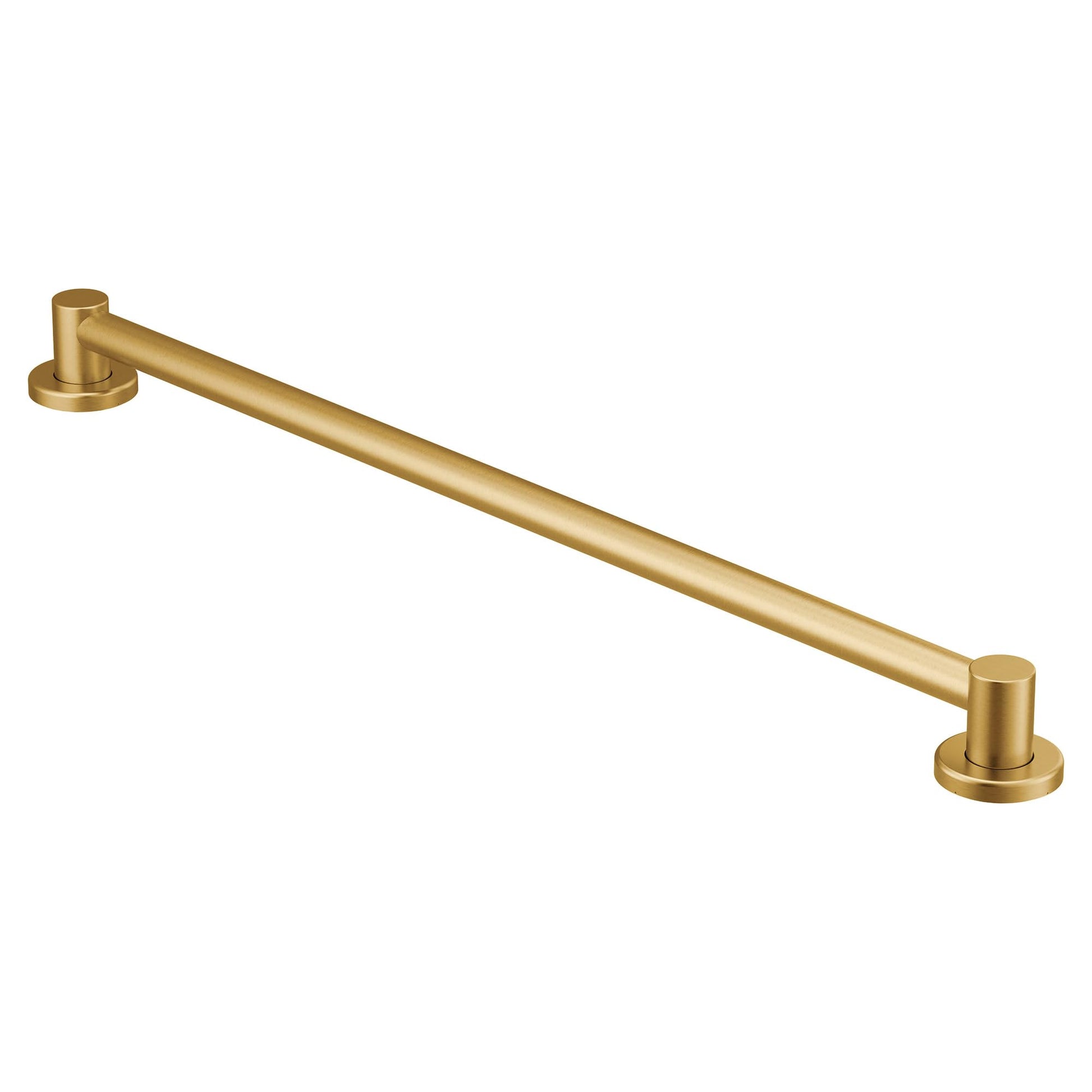 Brushed gold bathroom grab bar with cylindrical grip and round mounting flanges at each end.