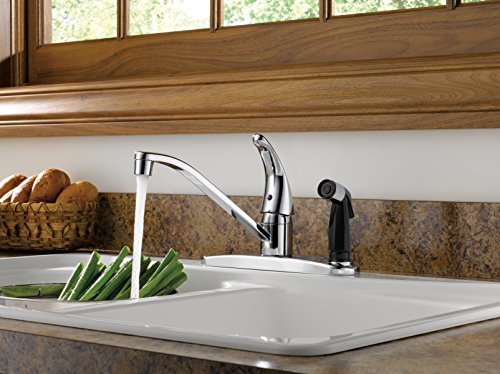 Chrome single-handle kitchen faucet with curved spout and side spray attachment installed over white sink.