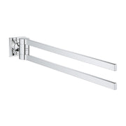 Chrome double towel bar with two parallel arms extending from a square wall-mounted bracket.