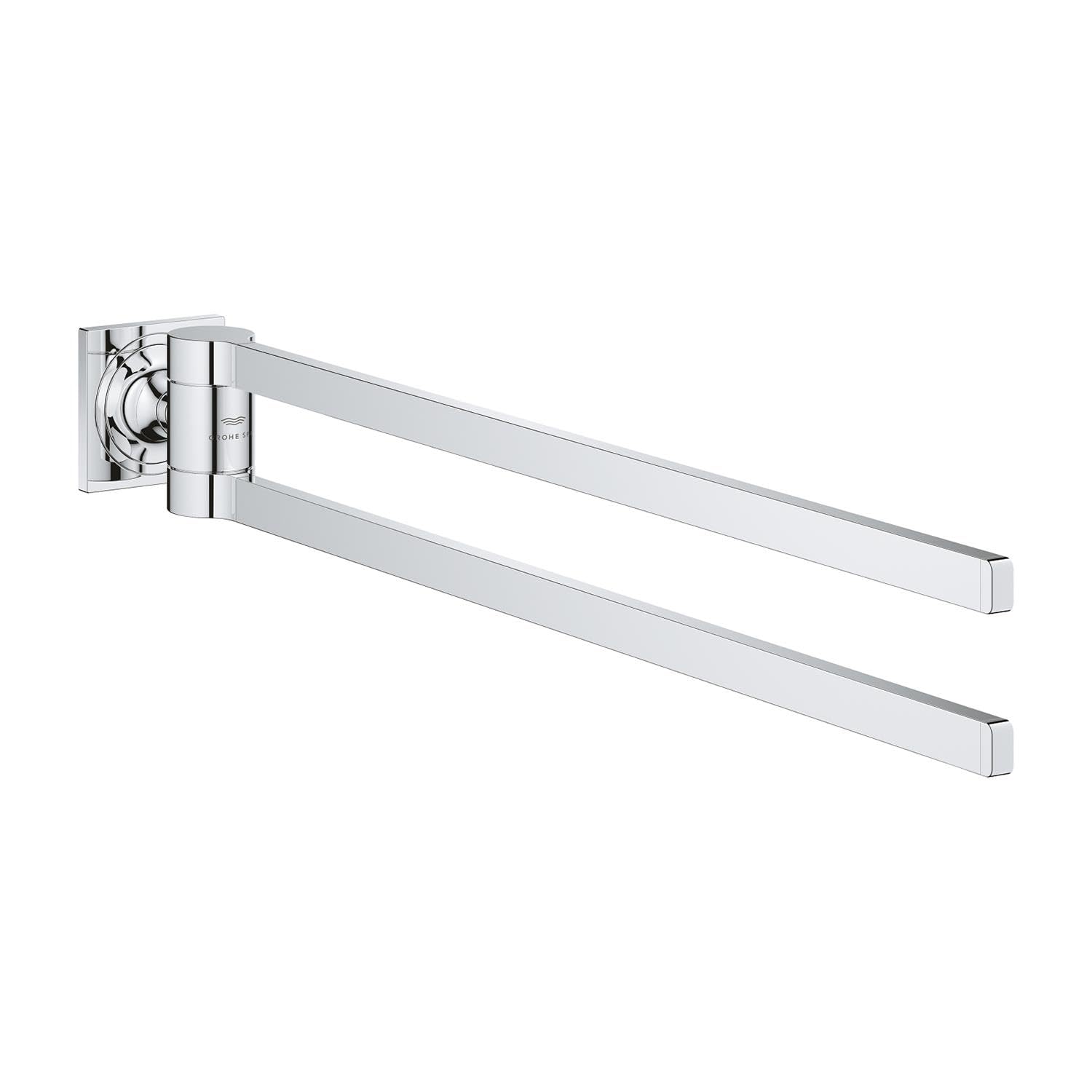 Chrome double towel bar with two parallel arms extending from a square wall-mounted bracket.