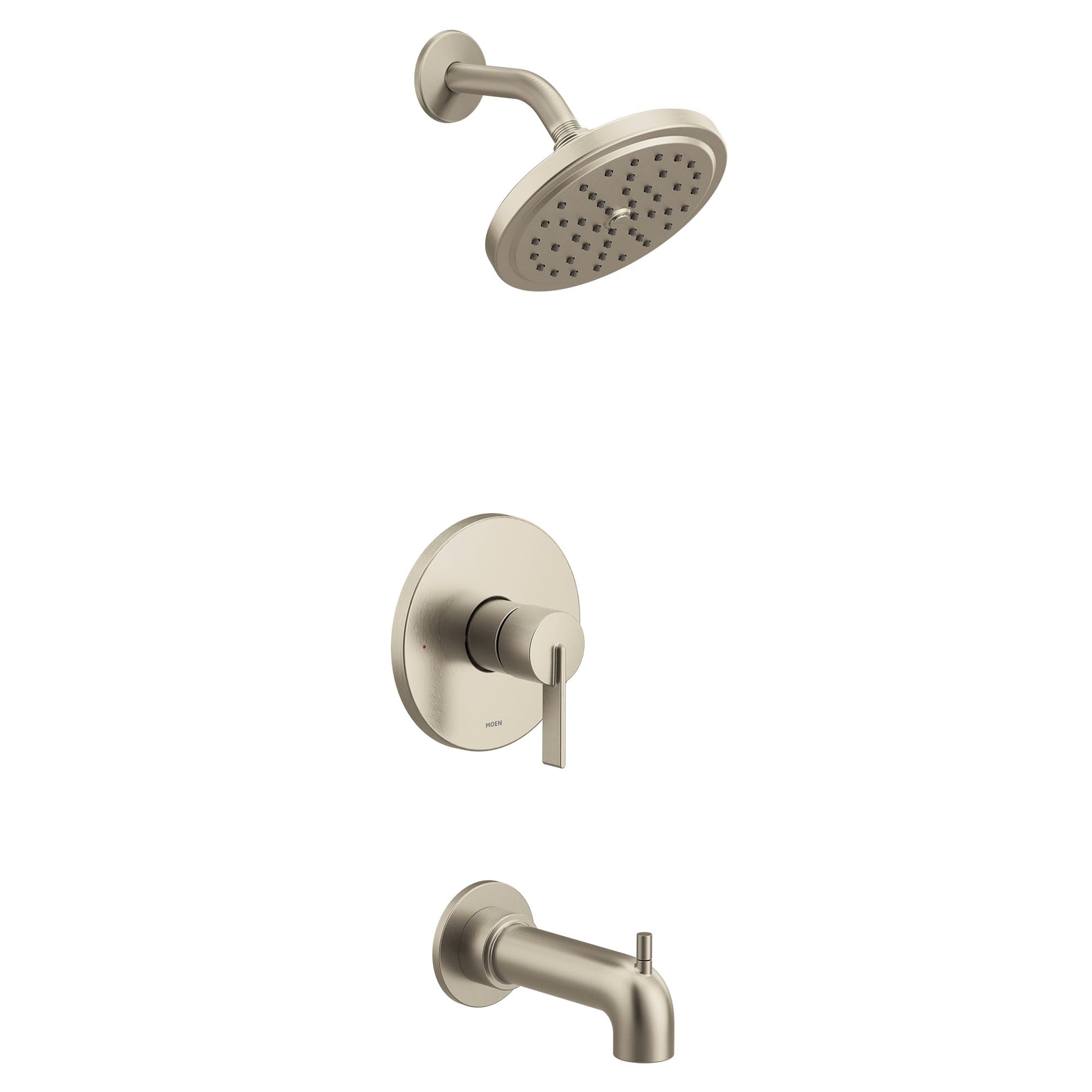 Brushed nickel tub and shower trim kit with single handle lever control, rainfall showerhead, and tub spout.