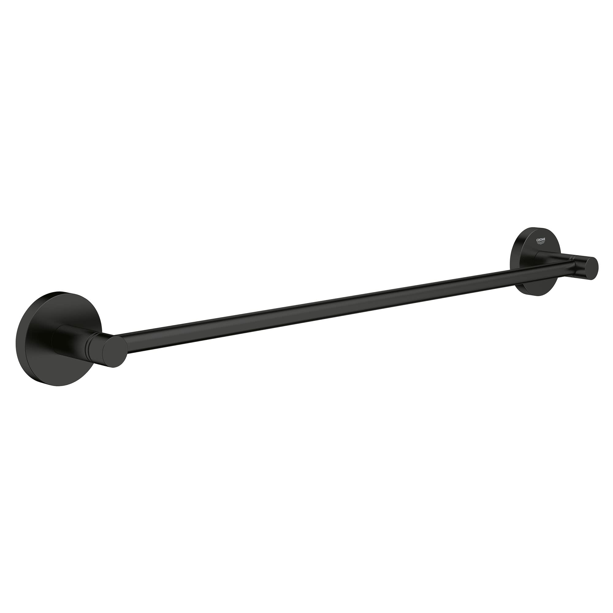 Matte black towel bar with cylindrical wall-mounted brackets on each end.