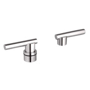 Pair of polished nickel cylindrical lever handles with round base mounts for faucet installation.