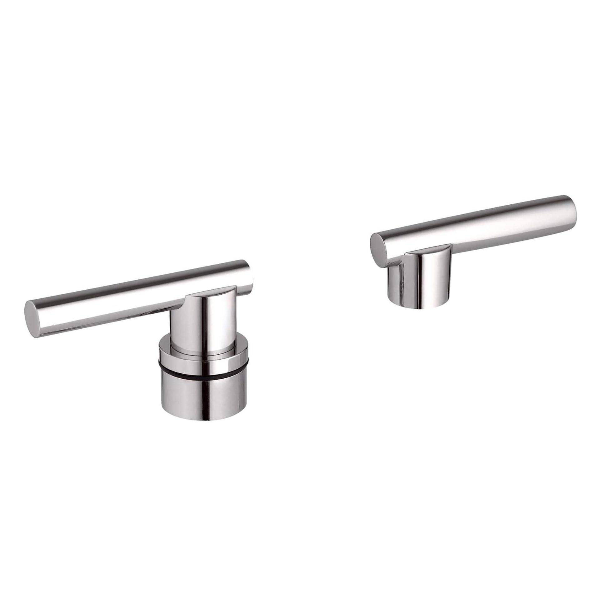 Pair of polished nickel cylindrical lever handles with round base mounts for faucet installation.