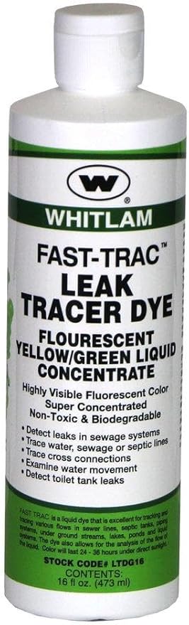 Whitlam FAST-Trac yellow/green fluorescent liquid leak tracer dye bottle with white and green label.