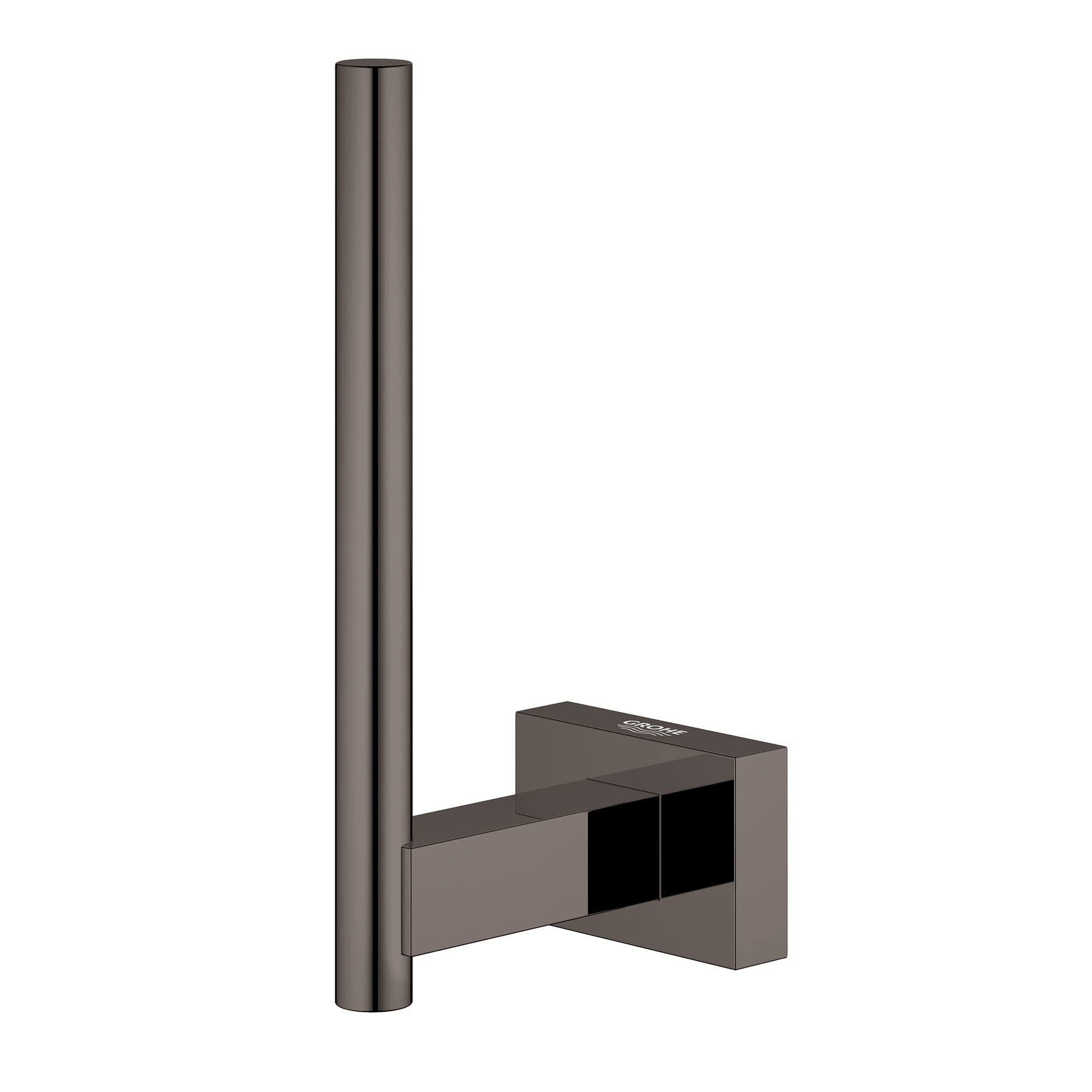 Dark graphite cylindrical spare toilet paper holder with square mounting bracket and vertical roll post.