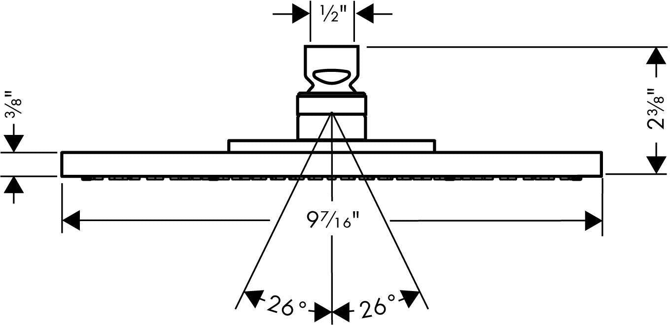Chrome rectangular shower head with 1/2" connection and spray pattern diagram showing dimensions and 26-degree angles.