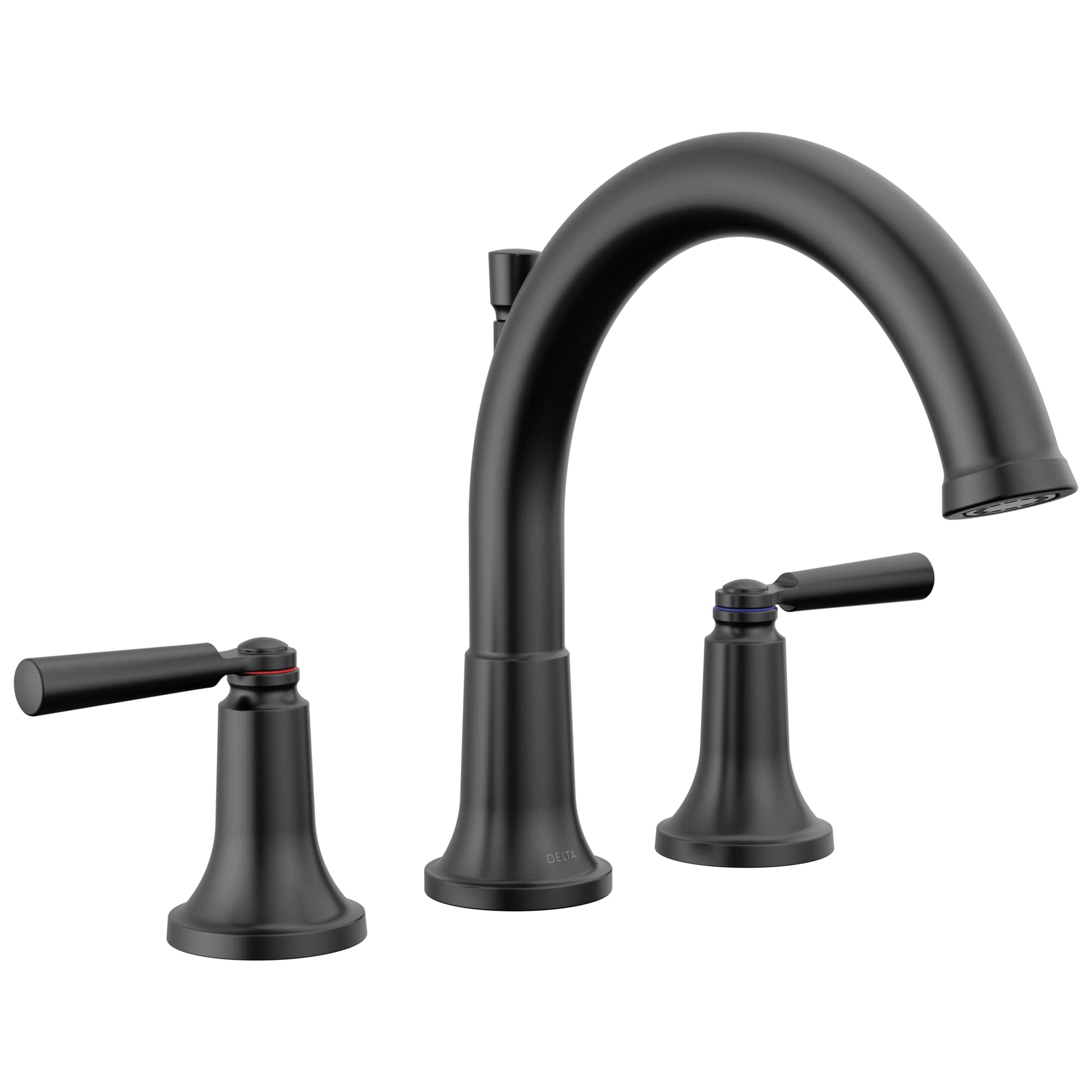 Black three-piece arc Roman tub faucet trim with lever handles and curved spout.