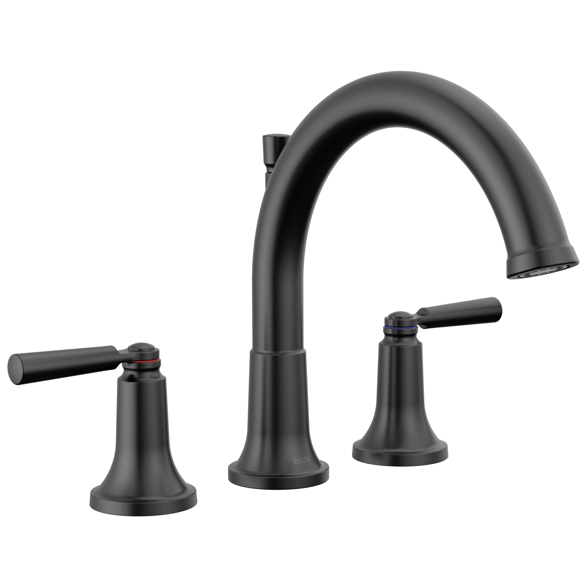 Black three-piece arc Roman tub faucet trim with lever handles and curved spout.
