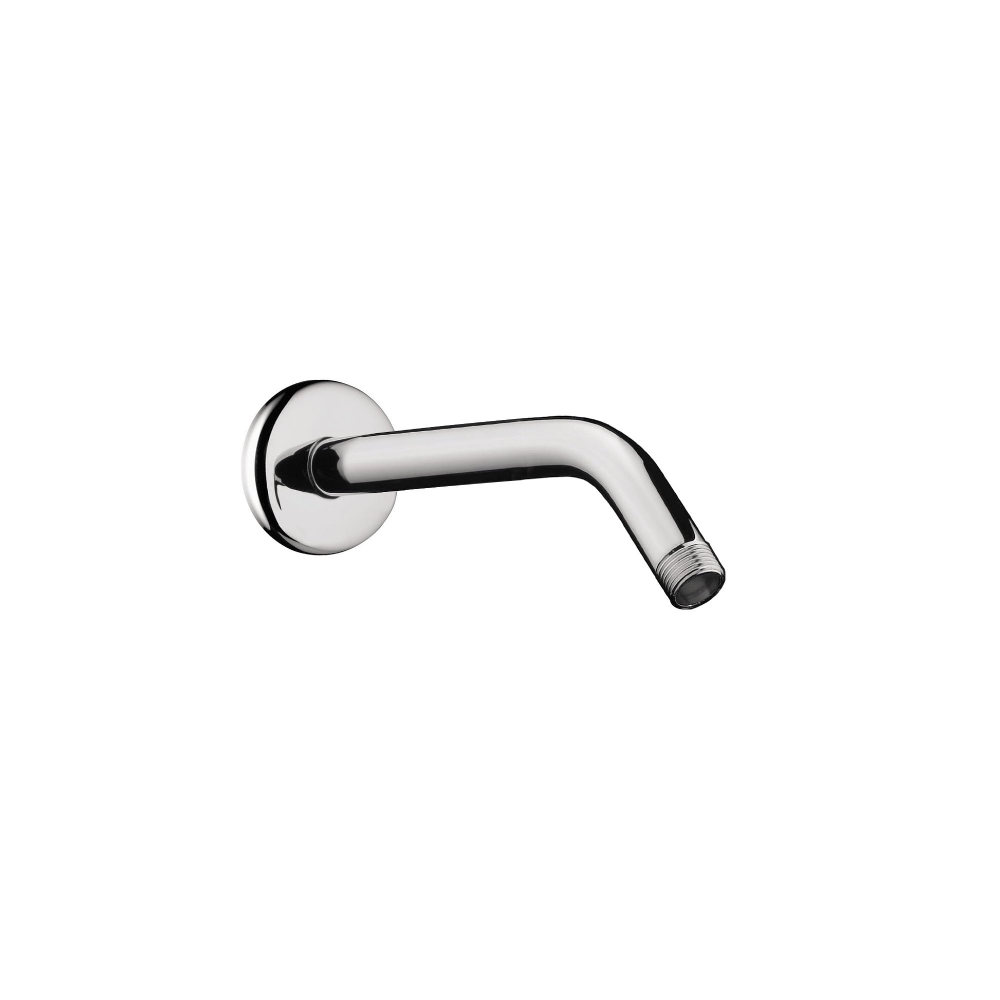 Chrome shower arm with circular wall mount and angled extension, threaded outlet end.