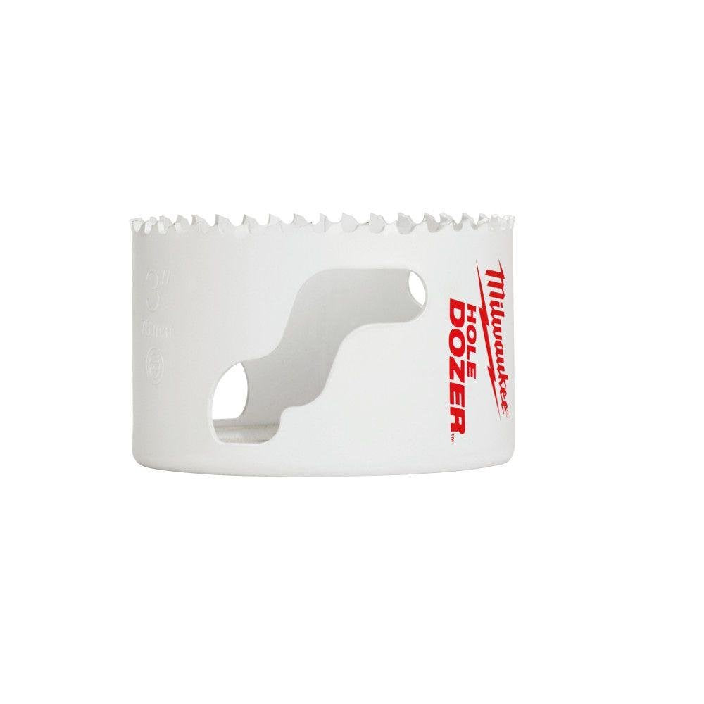 White bi-metal hole saw with jagged cutting edge and Milwaukee branding on the side.