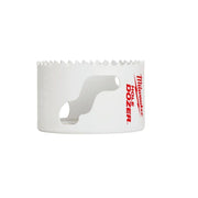White bi-metal hole saw with jagged cutting edge and Milwaukee branding on the side.