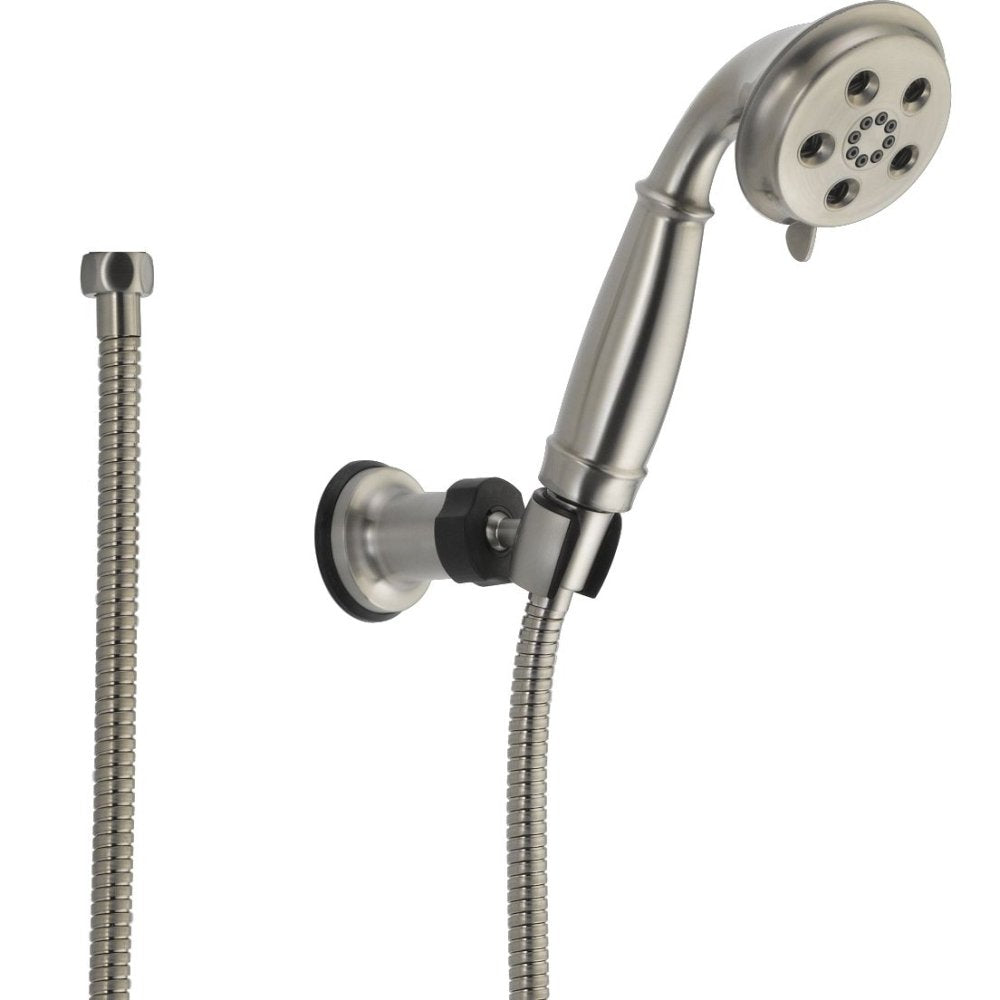 Brushed nickel wall-mount hand shower with adjustable head, wall bracket, and flexible hose.