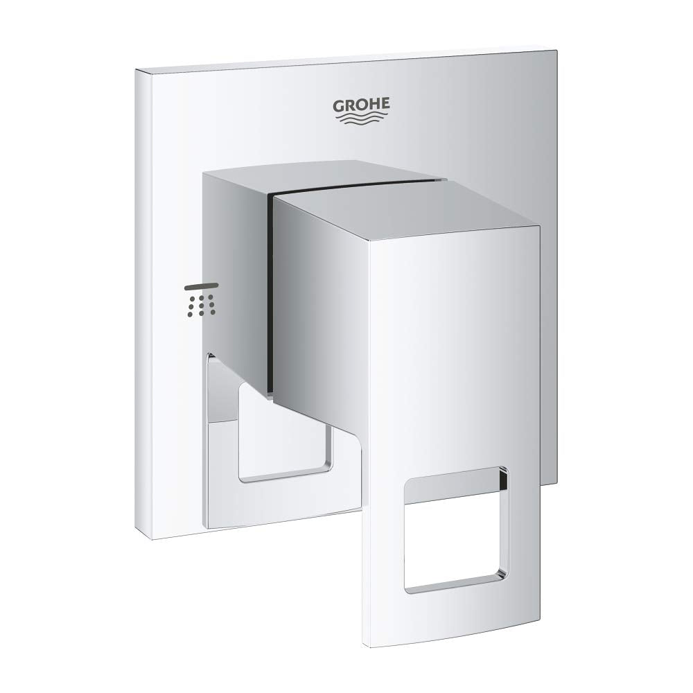 Chrome 2-way diverter trim with square escutcheon plates and integrated showerhead outlet.