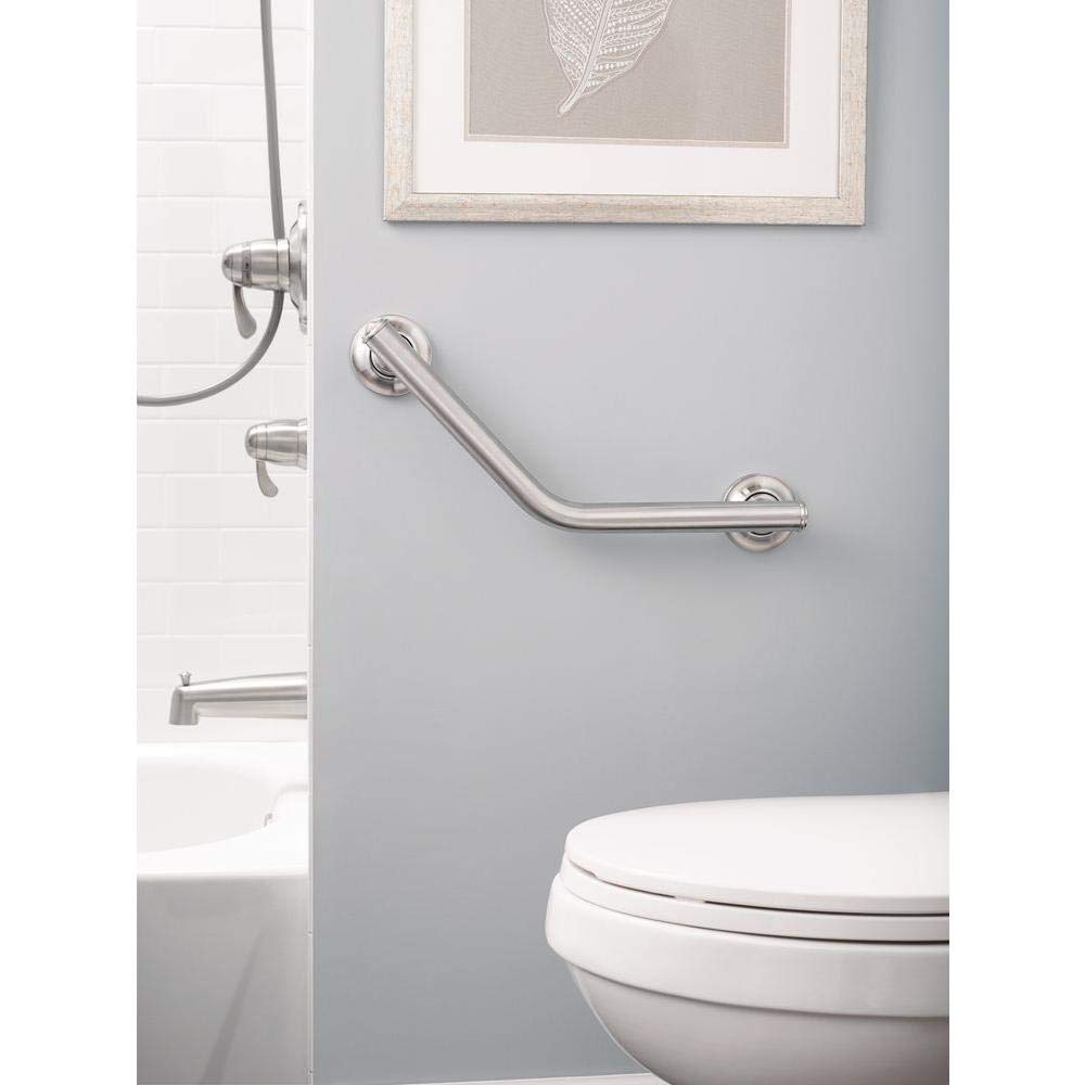 Brushed nickel angled grab bar mounted on gray bathroom wall above toilet.